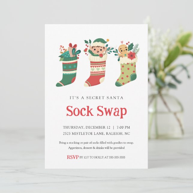 Secret Santa Sock Swap Party Invitation (Standing Front)