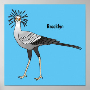 Secretary bird cartoon illustration poster