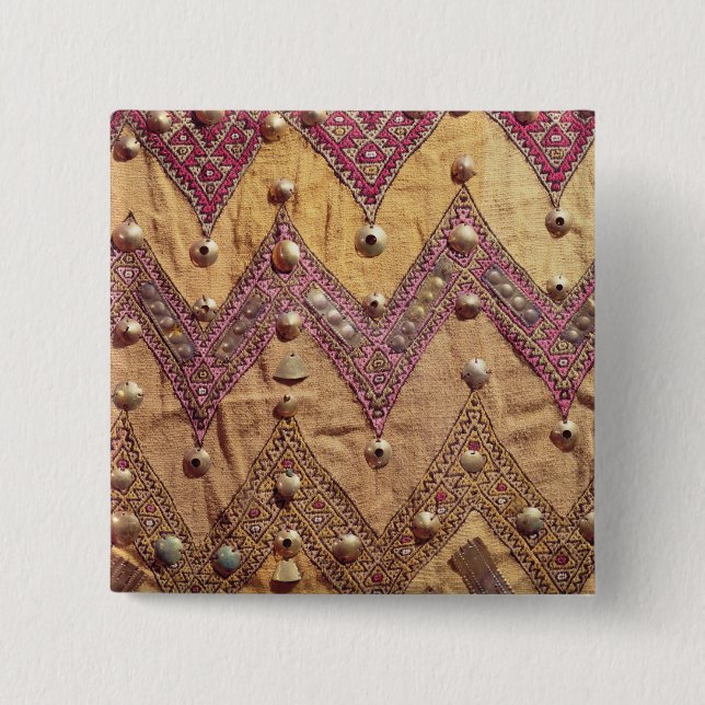 Section of embroidered fabric with gold plaques 2 inch square button (Front)