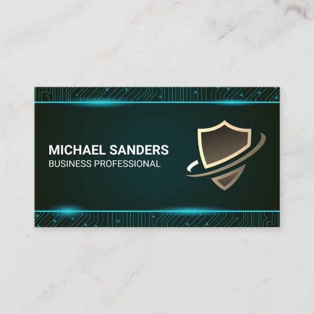 Security Shield | Tech Circuits Background Business Card (Front)