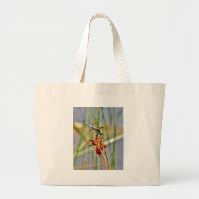 Sedge grass, and Dragonfly Large Tote Bag (Front)