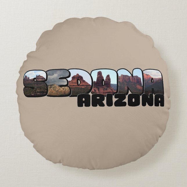 Sedona Arizona Big Letter - Mountain View Round Pillow (Front)