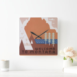 See America Welcome to Montana, Vintage Travel Square Wall Clock