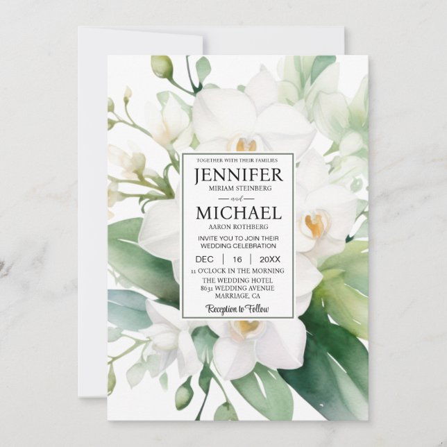 SEE BACK All-In-One White Orchids Wedding Invitation (Front)