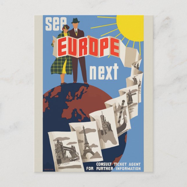See Europe Next Vintage Travel Postcard (Front)
