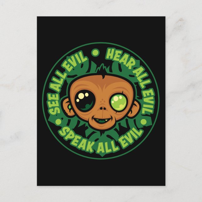 See, Hear and Speak All Evil Monkey Postcard (Front)