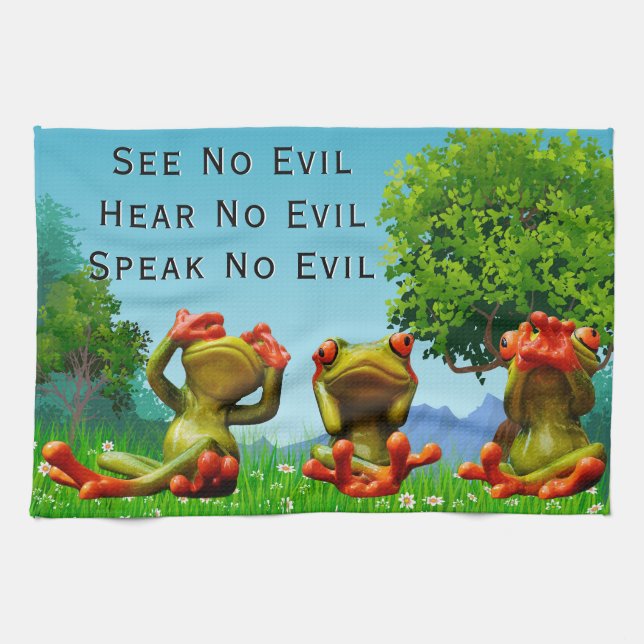 See Hear Speak No Evil Frog Humourous Kitchen Towel (Horizontal)