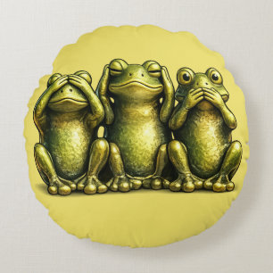 See Hear Speak No Evil Funny Frogs Round Pillow