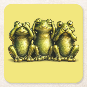 See Hear Speak No Evil Funny Frogs Square Paper Coaster