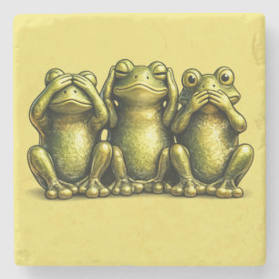 See Hear Speak No Evil Funny Frogs Stone Coaster