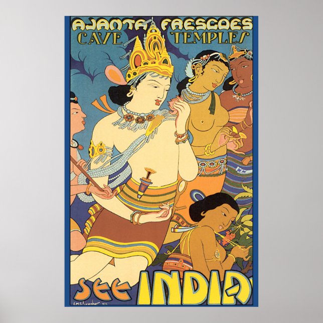 See India Cave Temples Vintage Travel Poster (Front)
