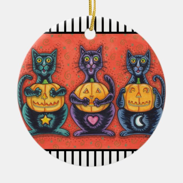 SEE NO EVIL BLACK CATS, HALLOWEEN HOLIDAY ORNAMENT (Front)