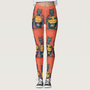 SEE NO EVIL BLACK CATS, HALLOWEEN LEGGINGS Orange