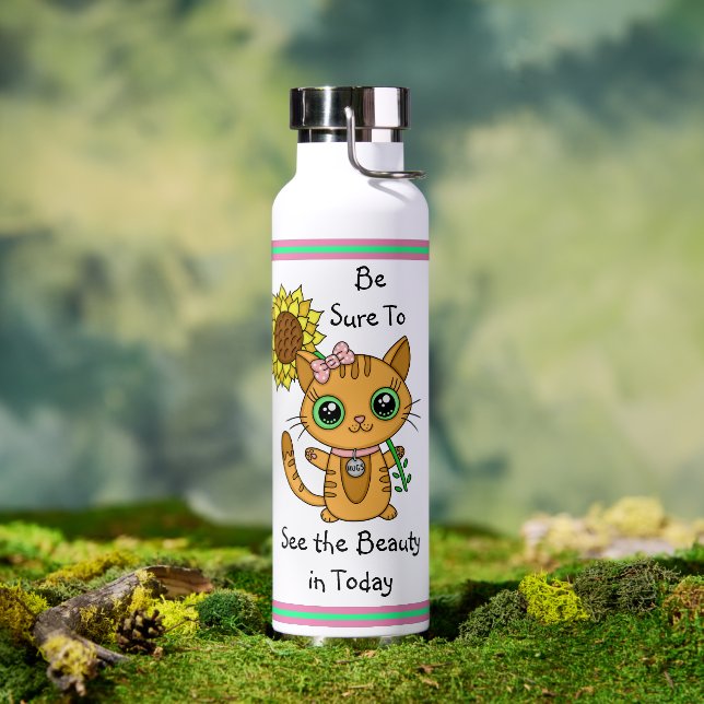 See The Beauty | Orange Cat and Sunflower Quote Water Bottle (Outdoor)