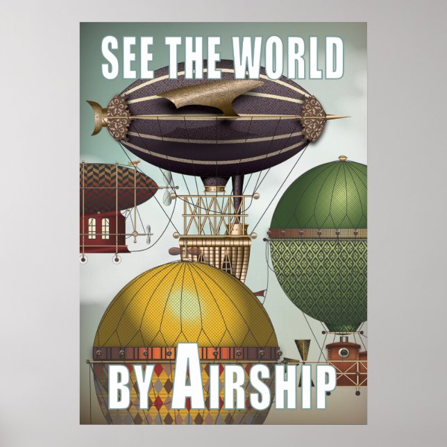 See the World Airship Race Steampunk Travel Poster (Front)