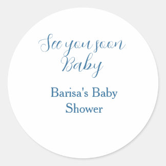 see you soon baby shower blue name date simple classic round sticker