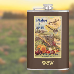 Seed Packet Catalogue Brown Vintage Farming Monogr Hip Flask