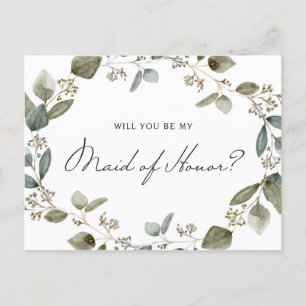 Seeded Eucalyptus Wreath Be My Maid of Honour Invitation Postcard