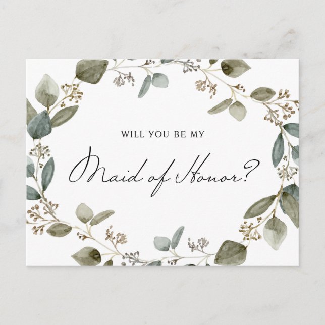 Seeded Eucalyptus Wreath Be My Maid of Honour Invitation Postcard (Front)