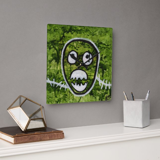 Seedy Pete Skull Odd Whimsical Monster Art Square Wall Clock (Office)