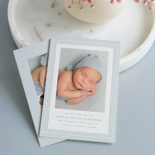 Seersucker stripe cute preppy blue photo birth announcement