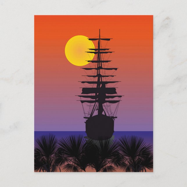 Segelschiff mit Sonnenaufgang Postkarte Postcard (Front)