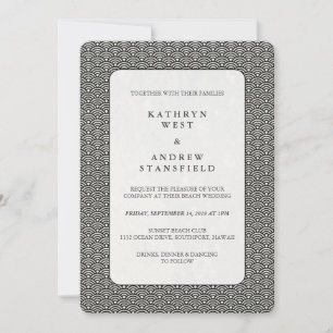 Seigaiha Waves Black + White Patterned Wedding Invitation