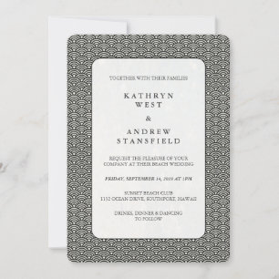 Seigaiha Waves Black + White Patterned Wedding Invitation