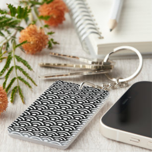 Seigaiha, Waves, Japanese, Black and White Keychain