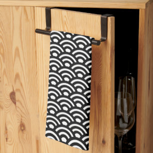 Seigaiha, Waves, Japanese, Black and White Kitchen Towel