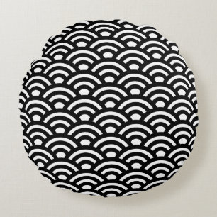 Seigaiha, Waves, Japanese, Black and White Round Pillow
