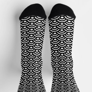 Seigaiha, Waves, Japanese, Black and White Socks