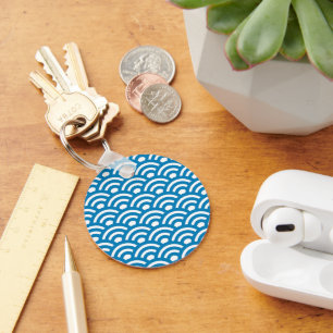 Seigaiha, Waves, Japanese, Blue and White Keychain
