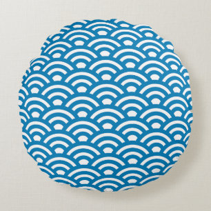 Seigaiha, Waves, Japanese, Blue and White Round Pillow