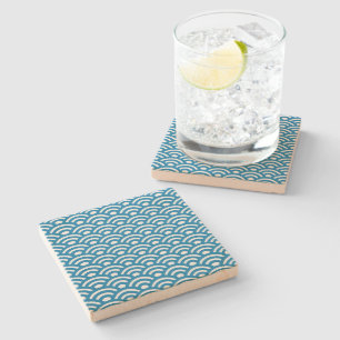 Seigaiha, Waves, Japanese, Blue and White Stone Coaster