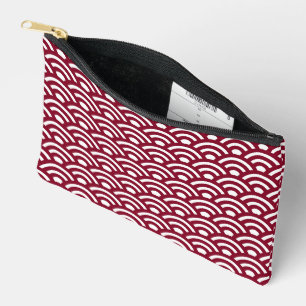 Seigaiha, Waves, Japanese, Burgundy and White Accessory Pouch