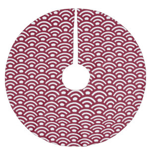 Seigaiha, Waves, Japanese, Burgundy and White Brushed Polyester Tree Skirt