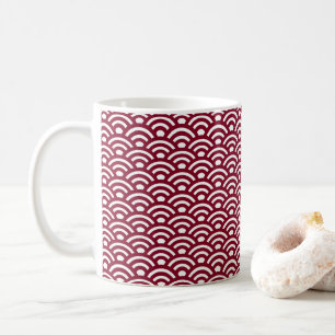 Seigaiha, Waves, Japanese, Burgundy and White Coffee Mug