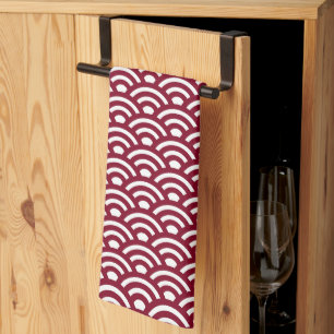 Seigaiha, Waves, Japanese, Burgundy and White Kitchen Towel