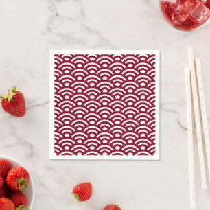 Seigaiha, Waves, Japanese, Burgundy and White Napkin