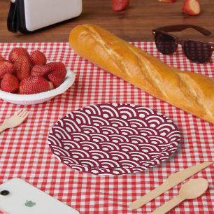 Seigaiha, Waves, Japanese, Burgundy and White Paper Plate