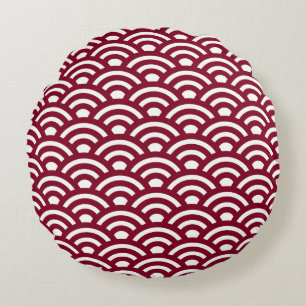 Seigaiha, Waves, Japanese, Burgundy and White Round Pillow