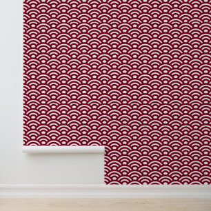 Seigaiha, Waves, Japanese, Burgundy and White Wallpaper