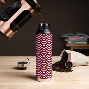 Seigaiha, Waves, Japanese, Burgundy and White Water Bottle