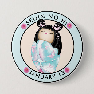 Seijin no Hi kokeshi girl butterflies 3 Inch Round Button