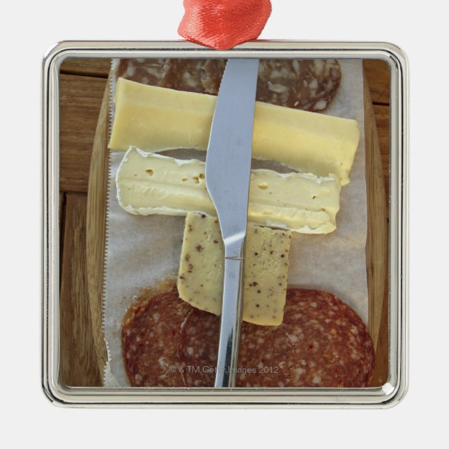 Selection of gourmet cheeses and cut meats metal ornament (Front)