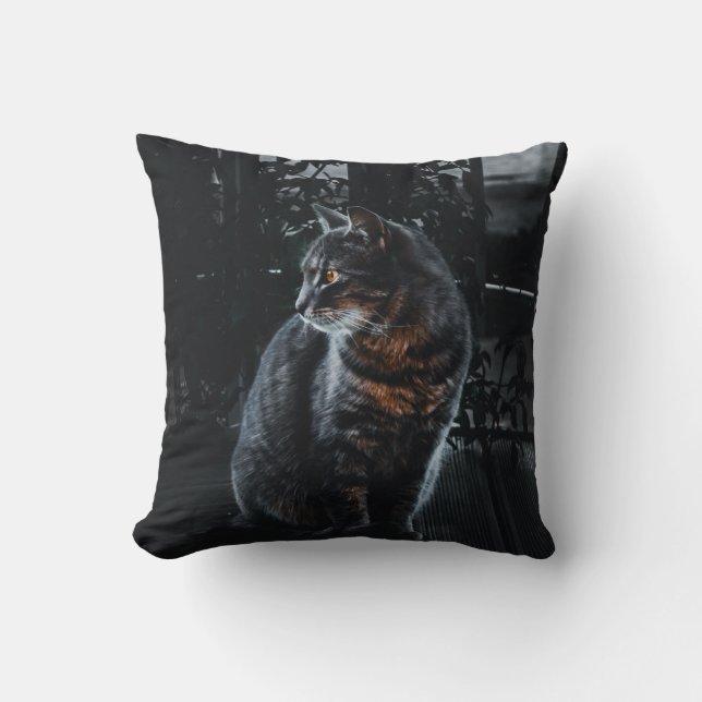 SELECTIVE FOCUS OF SILVER TABBY CAT THROW PILLOW (Front)