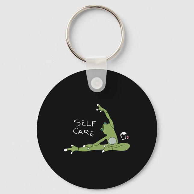 Self Care Frog Drinking Tea Yoga  Keychain (Front)