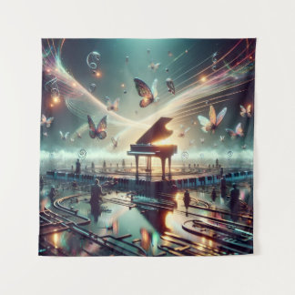 Self-Playing Piano in a Surreal Lake Landscape Tapestry