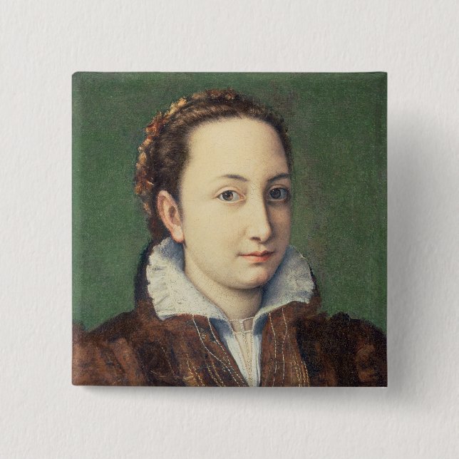 Self portrait, attired as maid-of-honour 2 inch square button (Front)